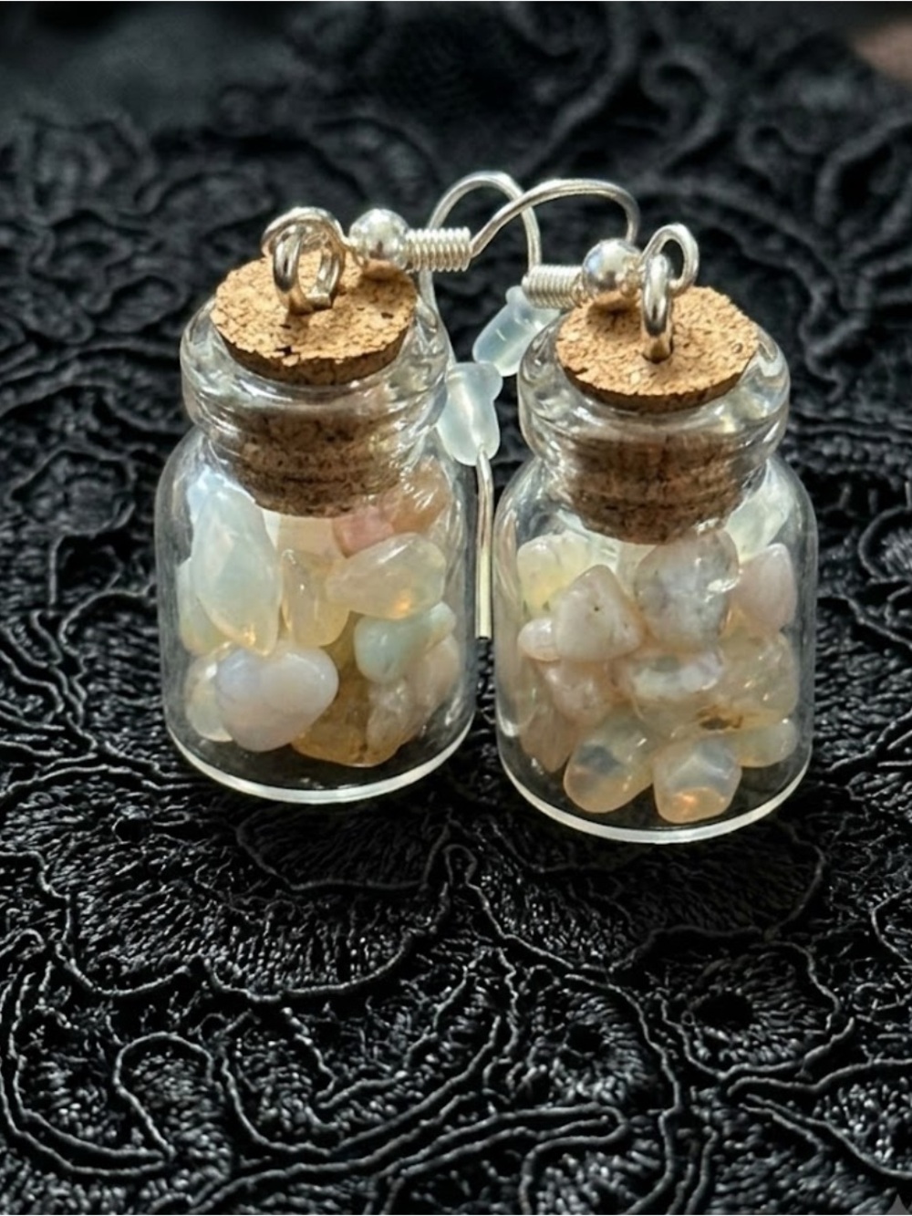 Flower Agate Polished Stone Crystal Chip Glass Spell Jar Drop Earrings